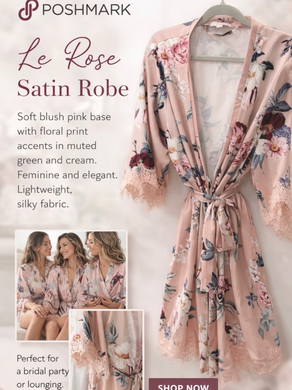 Le Rose Floral Satin Robe in Blush Pink